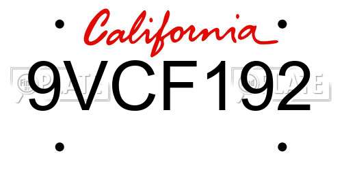 9VCF192 California License Plate