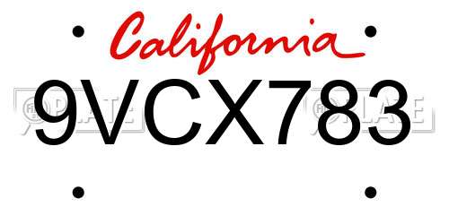 9VCX783 California License Plate