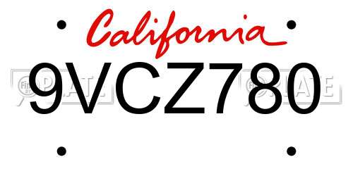 9VCZ780 California License Plate