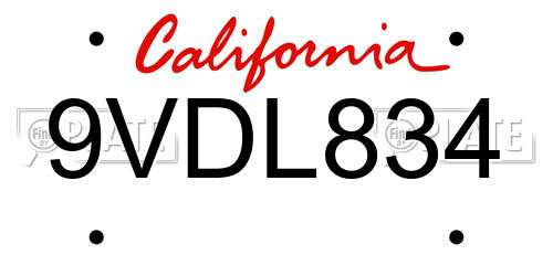 9VDL834 California License Plate