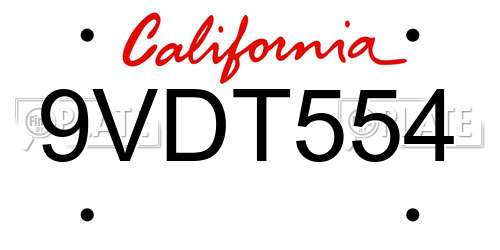 9VDT554 California License Plate