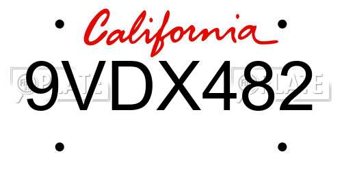 9VDX482 California License Plate