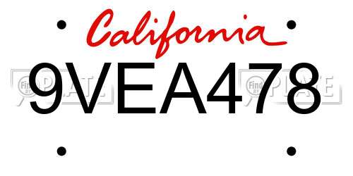9VEA478 California License Plate