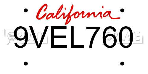 9VEL760 California License Plate