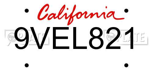 9VEL821 California License Plate