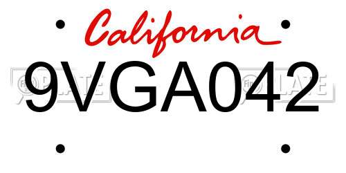 9VGA042 California License Plate