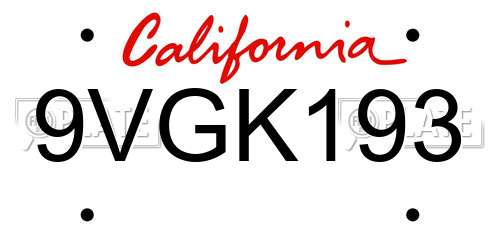 9VGK193 California License Plate