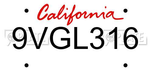 9VGL316 California License Plate
