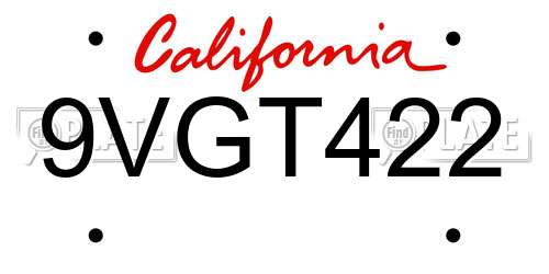 9VGT422 California License Plate