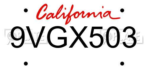 9VGX503 California License Plate