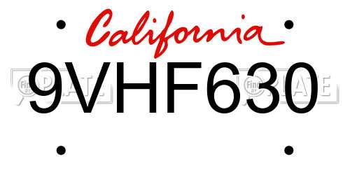 9VHF630 California License Plate