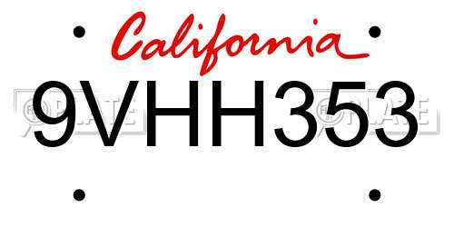 9VHH353 California License Plate