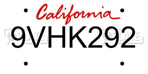 9VHK292 California License Plate