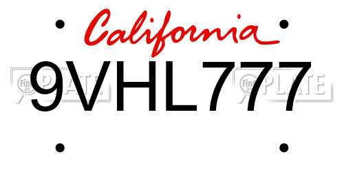 9VHL777 California License Plate