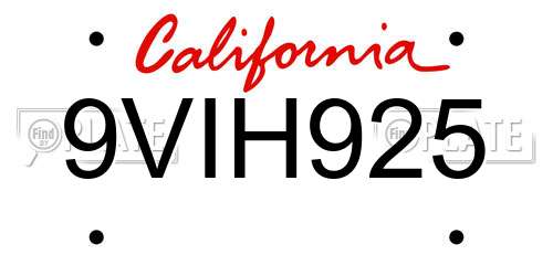 9VIH925 California License Plate