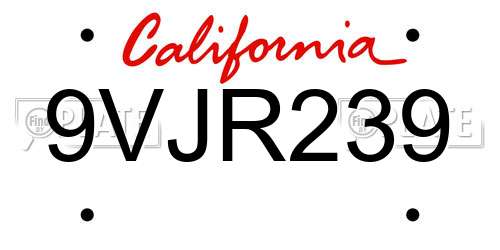 9VJR239 California License Plate