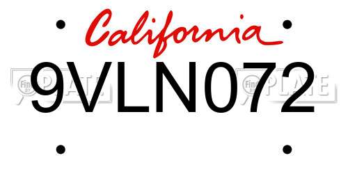 9VLN072 California License Plate