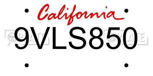 9VLS850 California License Plate