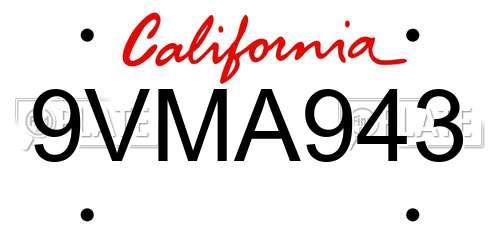9VMA943 California License Plate