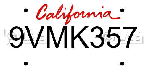 9VMK357 California License Plate