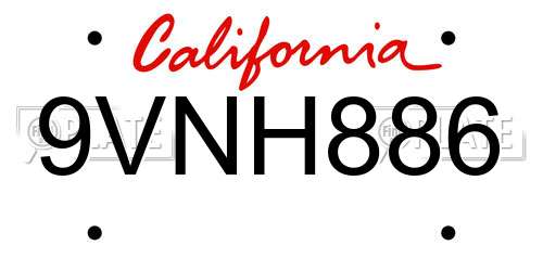 9VNH886 California License Plate