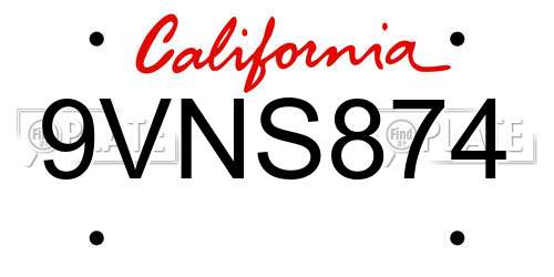 9VNS874 California License Plate