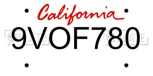 9VOF780 California License Plate
