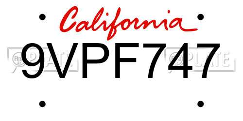 9VPF747 California License Plate