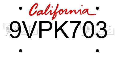 9VPK703 California License Plate