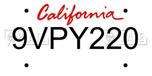 9VPY220 California License Plate
