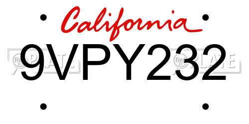 9VPY232 California License Plate