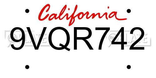 9VQR742 California License Plate
