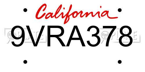 9VRA378 California License Plate