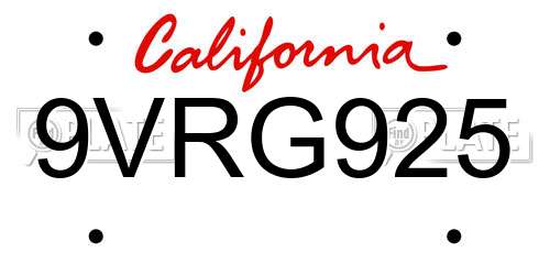 9VRG925 California License Plate
