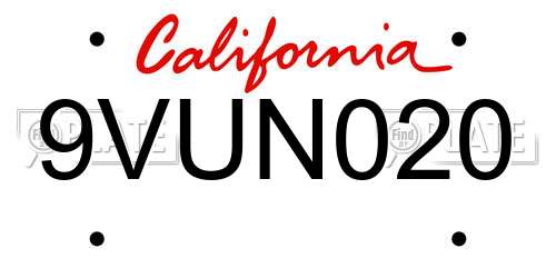 9VUN020 California License Plate