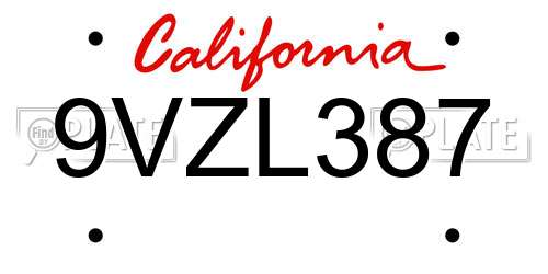 9VZL387 California License Plate