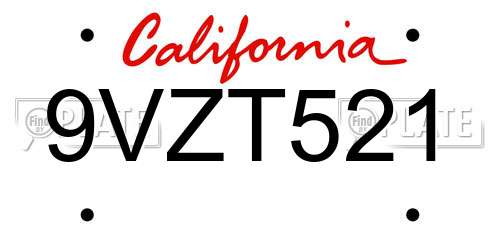 9VZT521 California License Plate