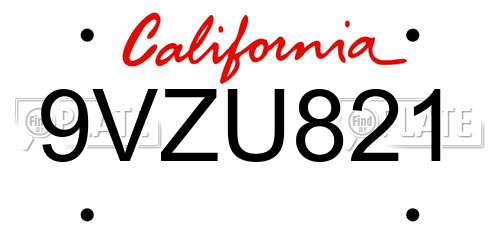 9VZU821 California License Plate