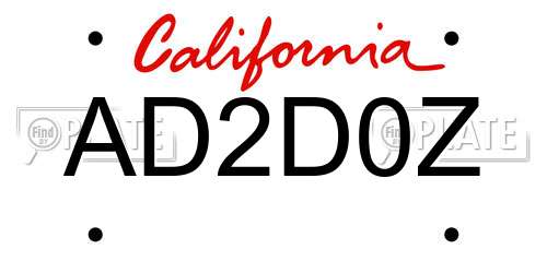 AD2D0Z California License Plate