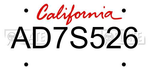 AD7S526 California License Plate