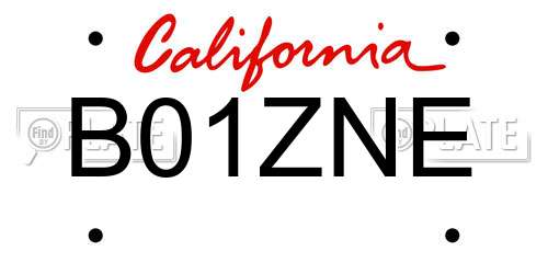 B01ZNE California License Plate