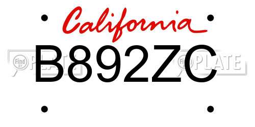 B892ZC California License Plate