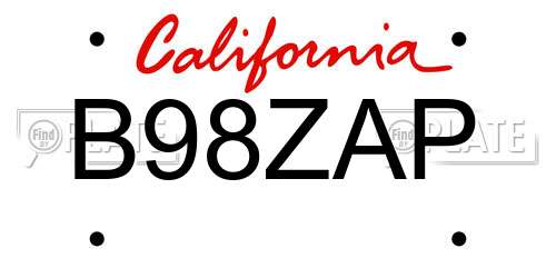 B98ZAP California License Plate