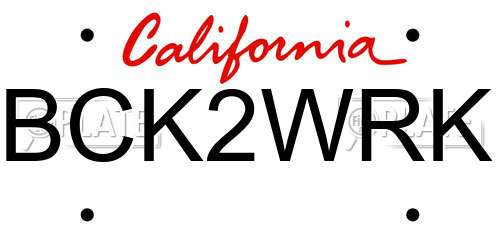 BCK2WRK California License Plate