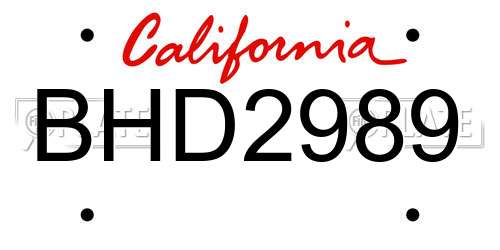 BHD2989 California License Plate