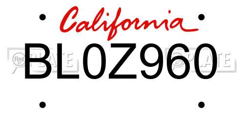 BL0Z960 California License Plate