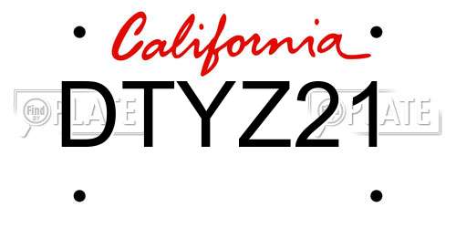 DTYZ21 California License Plate