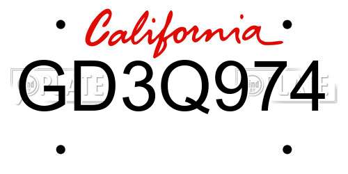 GD3Q974 California License Plate