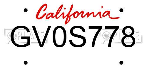 GV0S778 California License Plate