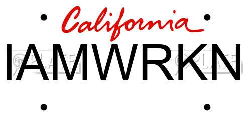 IAMWRKN California License Plate